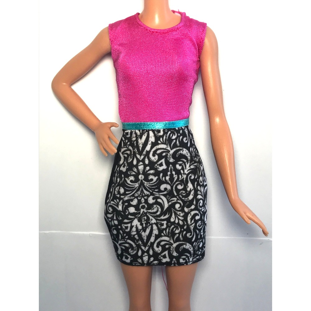 Barbie Doll Clothing Hot Pink Top Dress Black & White Damask Skirt Blue Belt